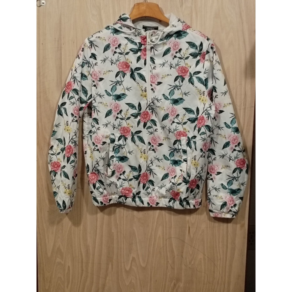 Forever 21‎ Lightweight Hooded Windbreaker Jacket White Floral Print Men Size S.